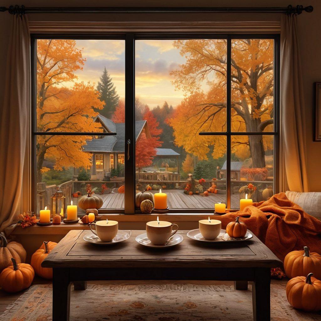 A warm, inviting living room adorned with autumn leaves, soft blankets, and a crackling fireplace. A window displays a picturesque view of golden trees under a moody sky. A steaming cup of tea rests on a rustic wooden table, with scattered pumpkins and candles creating an inviting atmosphere. Enhance the cozy vibe with warm lighting and earthy tones. super-realistic. vibrant colors. warm ambiance.
