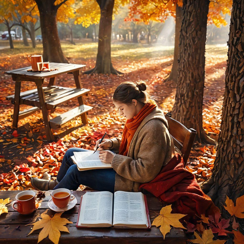 A cozy autumn scene featuring a person writing in a journal surrounded by fallen leaves in vibrant shades of orange, yellow, and red. A steaming cup of tea sits nearby on a rustic wooden table, with a warm knit blanket draped over a chair. Soft sunlight filters through trees, casting gentle shadows. The atmosphere evokes creativity and contemplation. warm colors. painterly style.