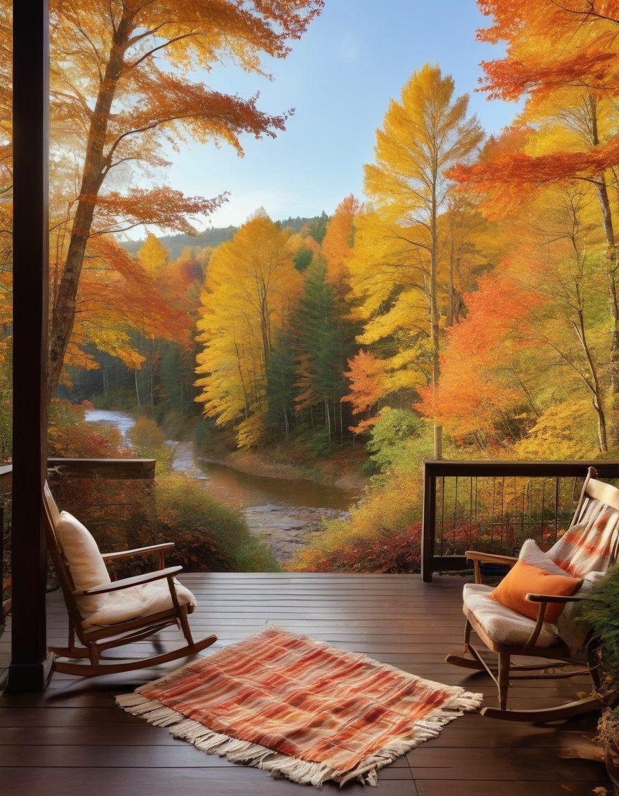 A warm, inviting scene of a cozy cabin nestled among colorful autumn foliage, with golden leaves gently falling around it. A steaming cup of hot cocoa rests on a wooden porch, while a plaid blanket is draped over a rocking chair. In the background, a winding path leads into a vibrant forest filled with shades of orange, red, and yellow. The sky is a soft pastel hue, suggesting the close of a serene day. super-realistic. vibrant colors. tranquil atmosphere.